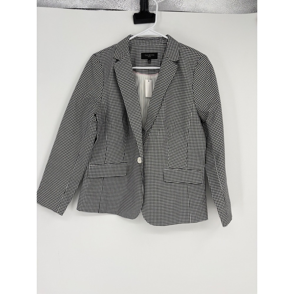 Talbots Blazer Womens 12P Black Gingham Check One Button Petite Jacket Preppy